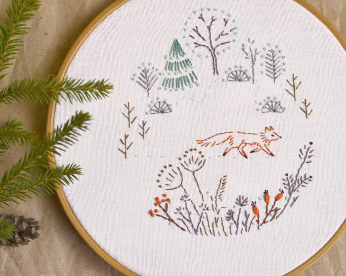 Fox in forest hand embroidery hoop