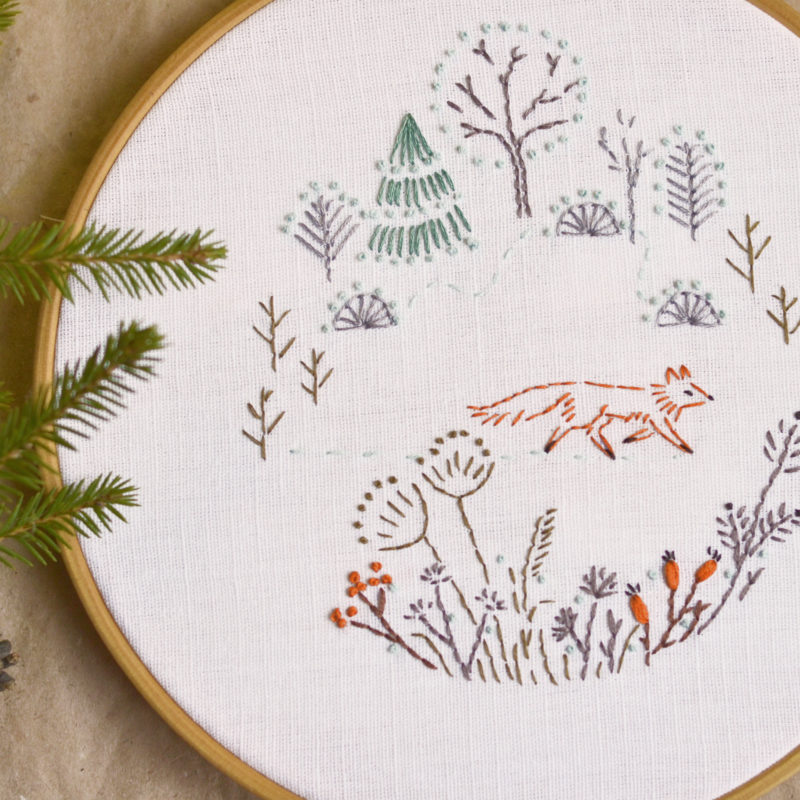 Fox in forest hand embroidery hoop