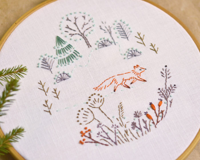 Fox in forest hand embroidery hoop