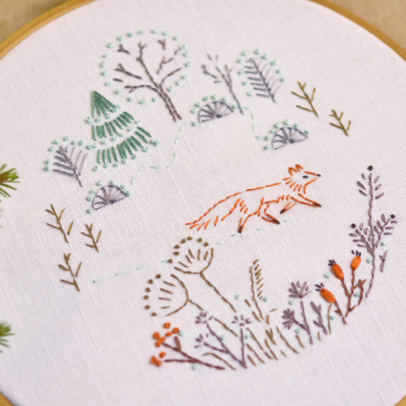 Fox in forest hand embroidery hoop