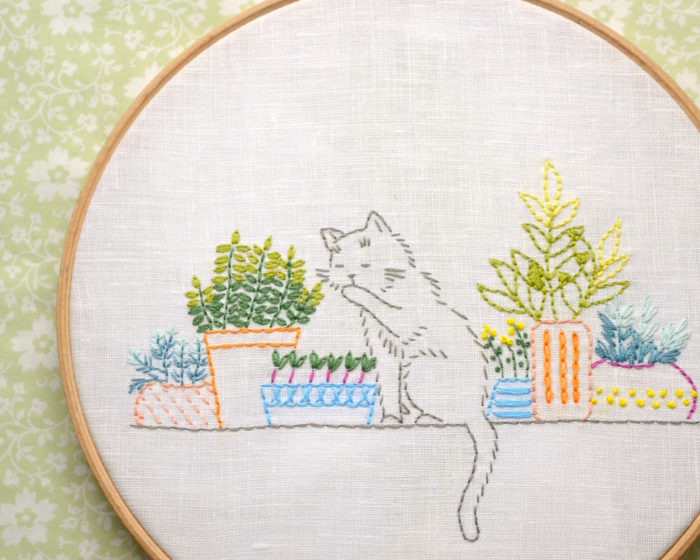 Windowsill garden cat hand embroidery hoop