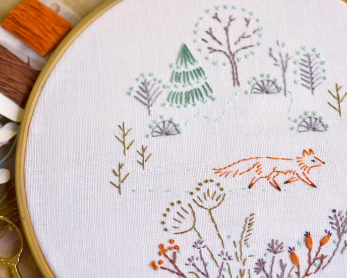 Fox in forest hand embroidery stitches