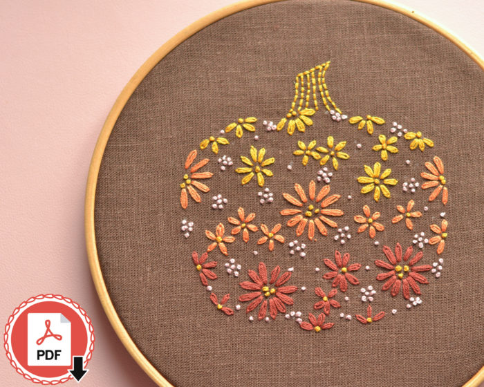 Floral pumpkin beginner hand embroidery hoop