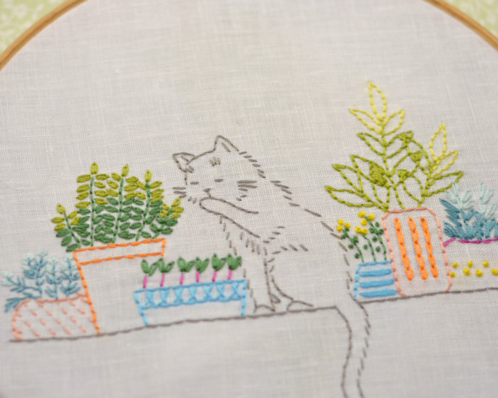 Windowsill garden cat hand embroidery stitches