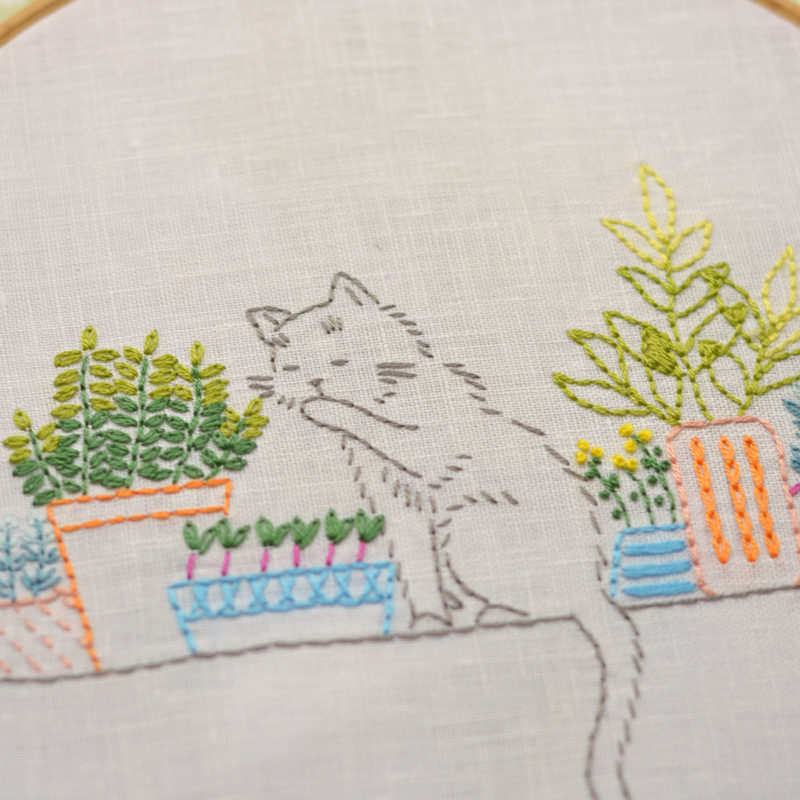 Windowsill garden cat hand embroidery stitches