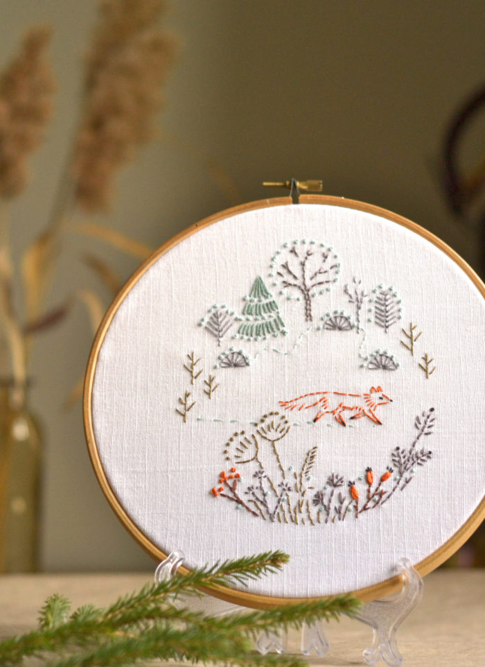 Fox in forest hand embroidery Christmas decor