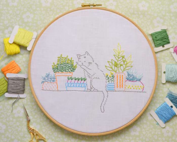 Windowsill garden cat hand embroidery hoop