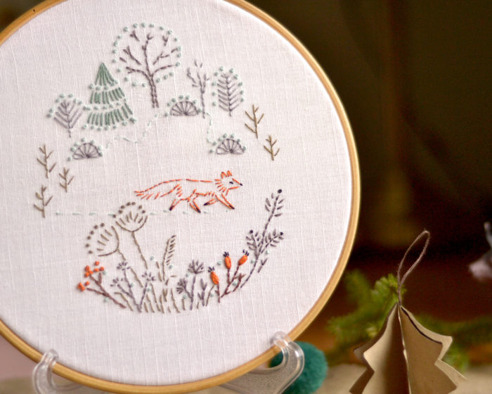 Fox in forest hand embroidery hoop