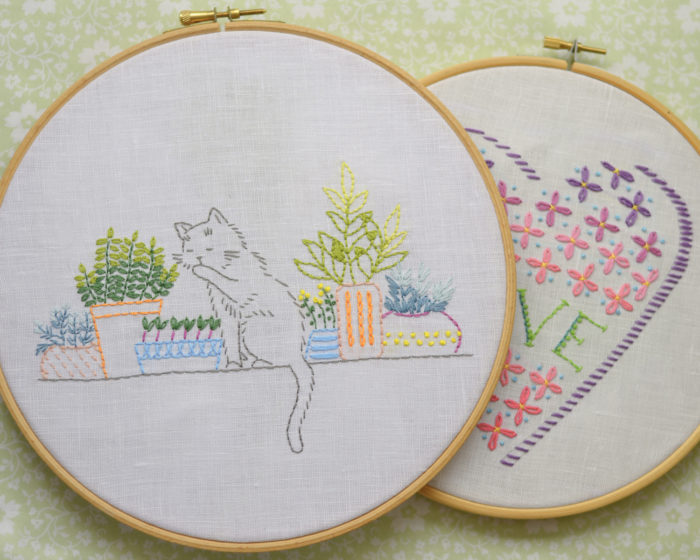 Windowsill garden cat hand embroidery hoop