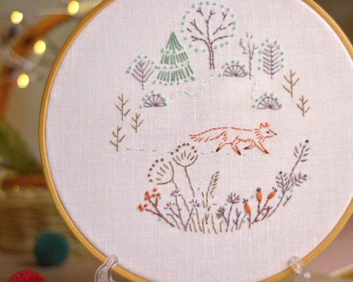 Fox in forest hand embroidery hoop