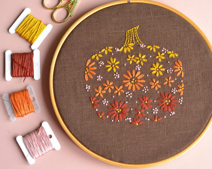 Floral pumpkin hand embroidery hoop