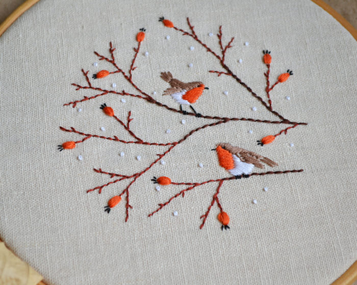 Hand embroidery with birds and berries