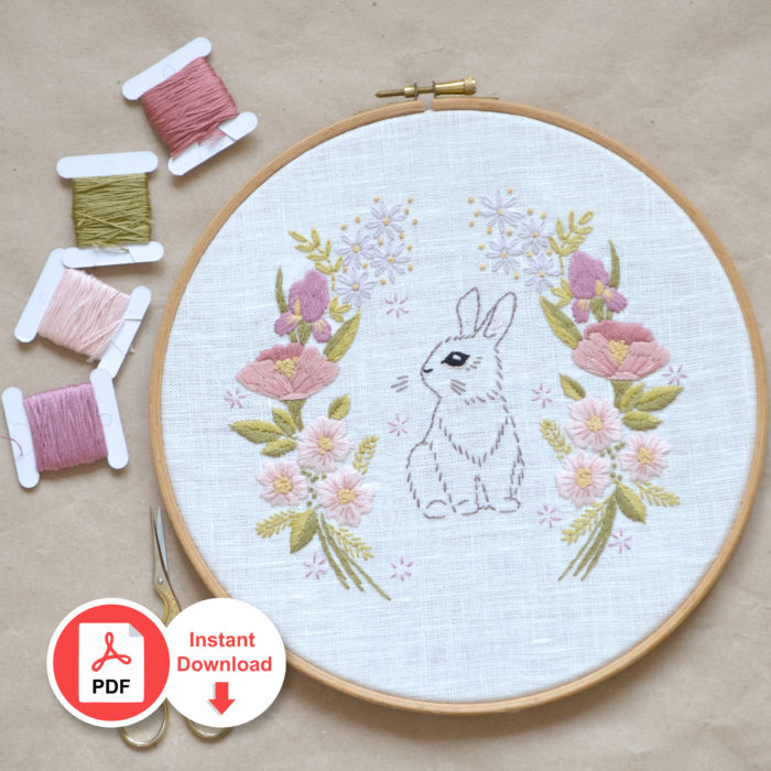 Easter floral rabbit hand embroidery hoop