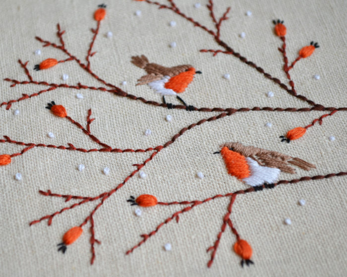 Hand embroidery with birds and berries