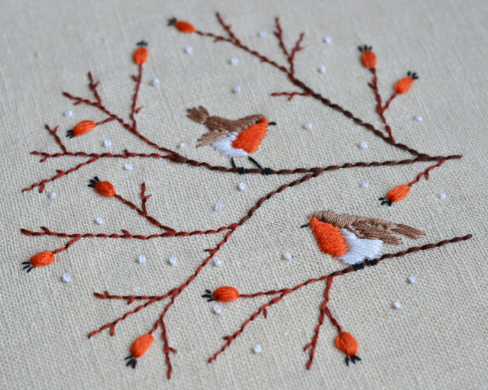 Hand embroidery with birds and berries