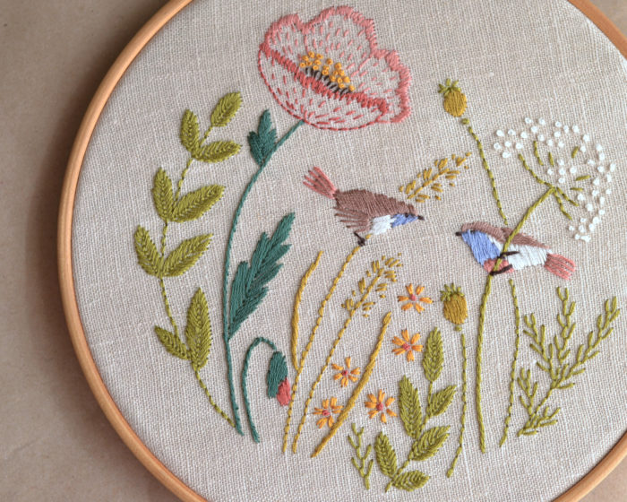 Poppy floral cute birds hand embroidery hoop