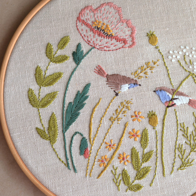 Poppy floral cute birds hand embroidery hoop