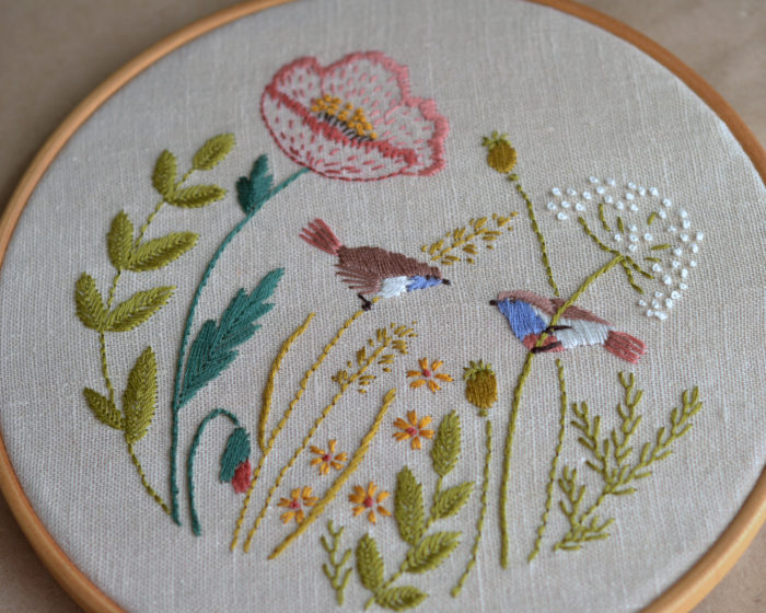 Poppy floral cute birds hand embroidery hoop