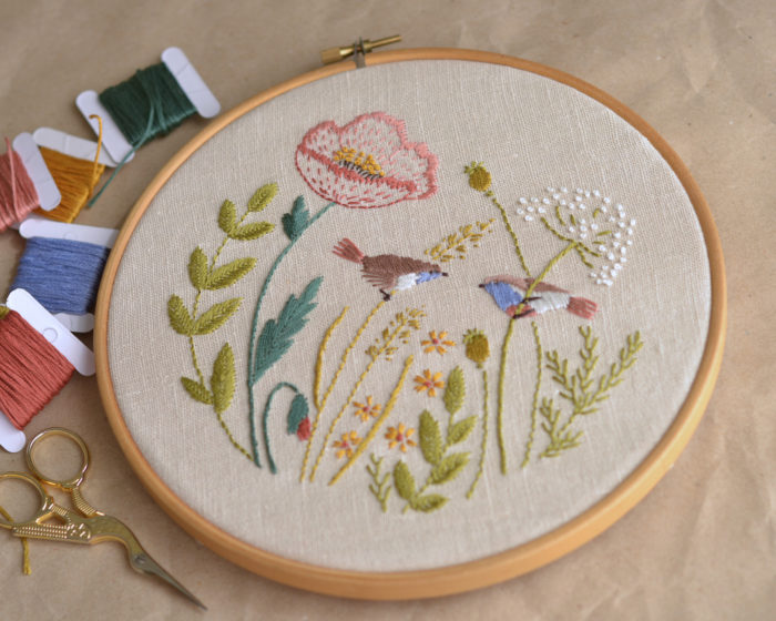 Poppy floral cute birds hand embroidery hoop