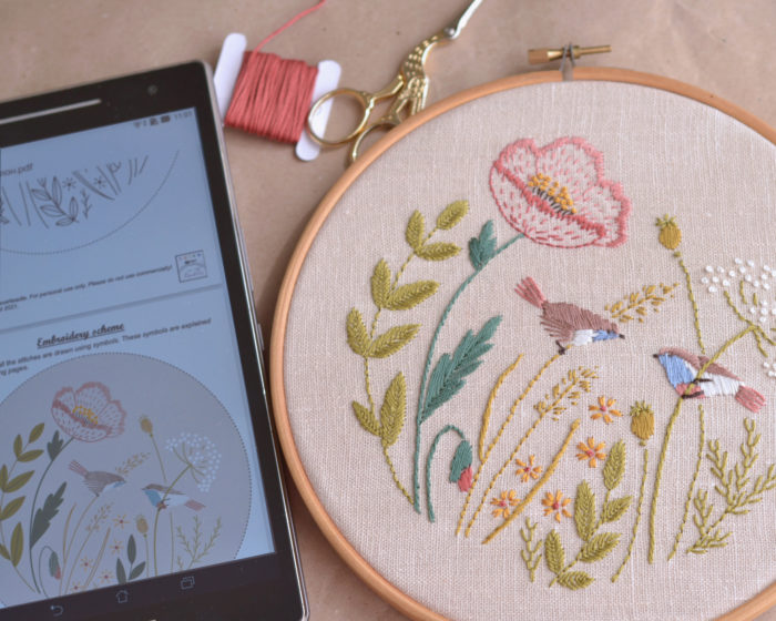 Poppy floral cute birds hand embroidery digital pattern