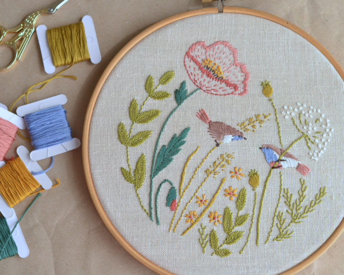 Poppy floral cute birds hand embroidery hoop