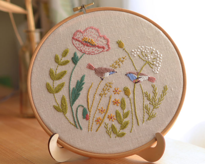 Poppy floral cute birds hand embroidery hoop