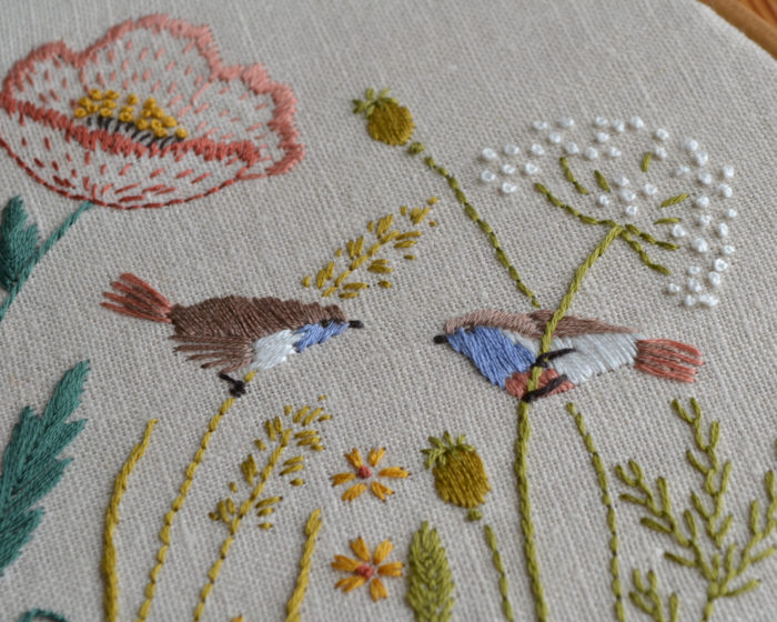 Poppy floral cute birds hand embroidery stitches