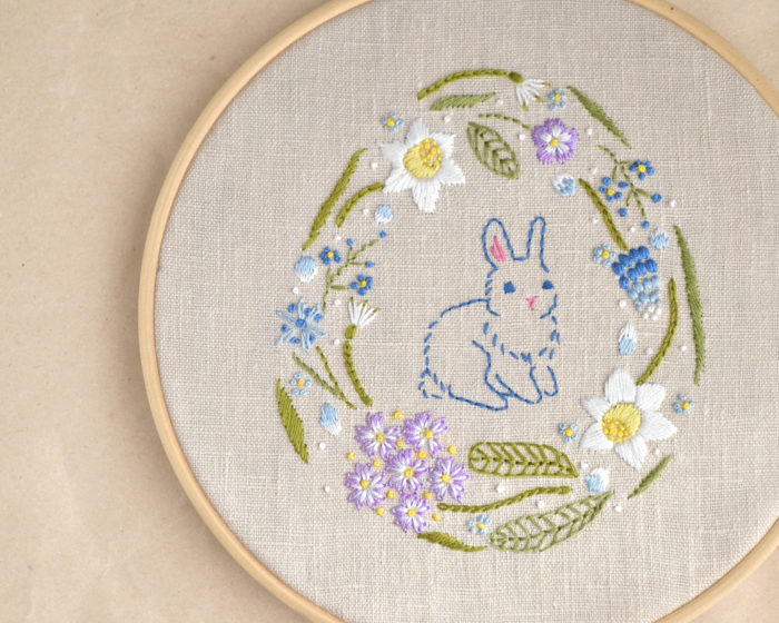 Bunny Easter rabbit spring flowers hand embroidery hoop