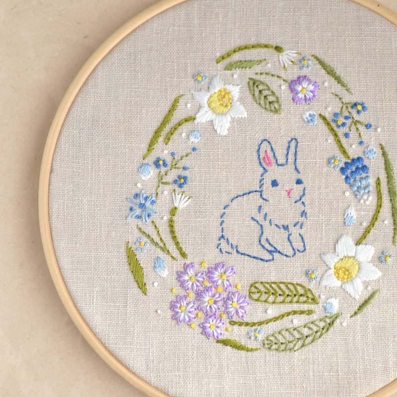 Bunny Easter rabbit spring flowers hand embroidery hoop