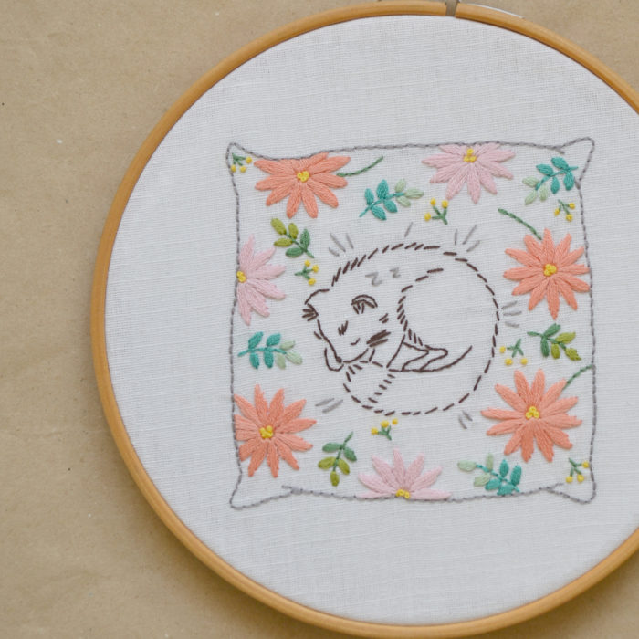 Sleeping cat floral hand embroidery hoop