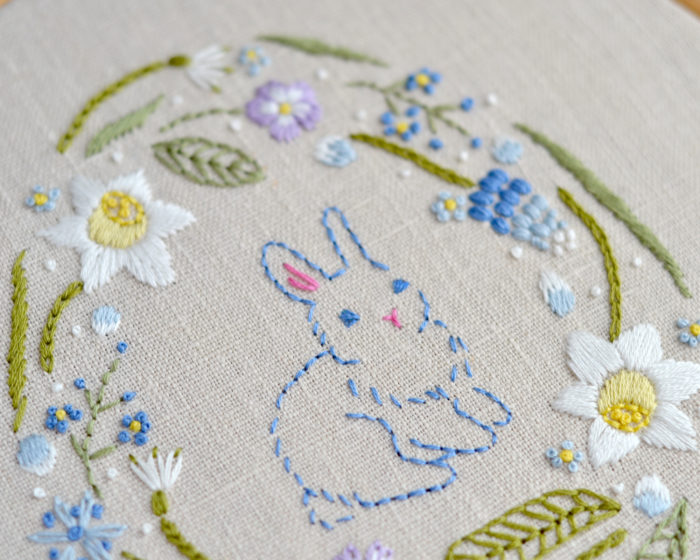 Bunny Easter rabbit spring flowers hand embroidery stitches