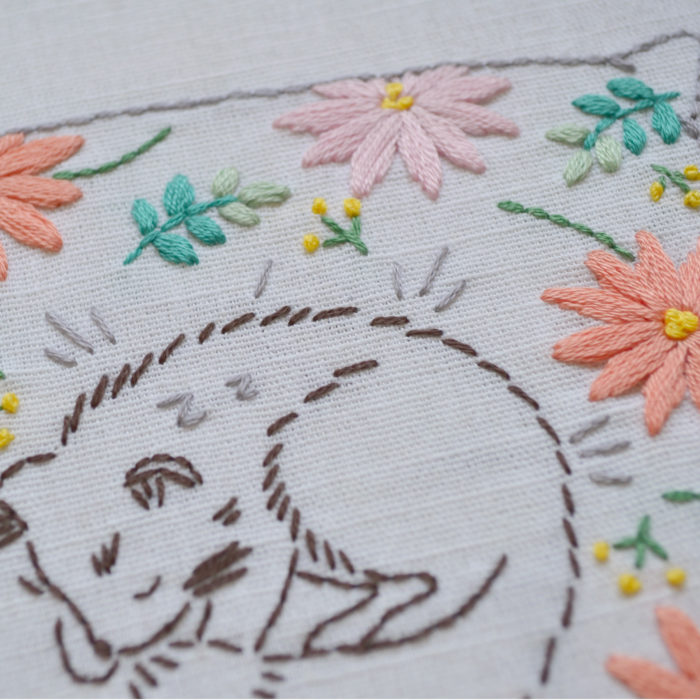 Sleeping cat floral hand embroidery stitches