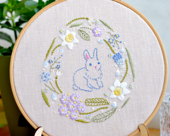 Bunny Easter rabbit spring flowers hand embroidery hoop