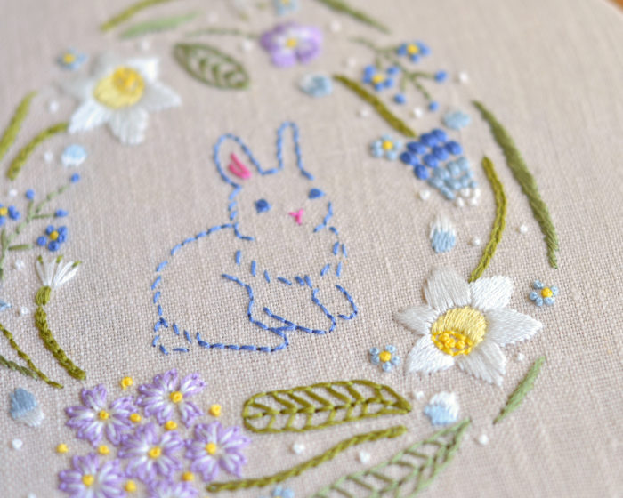 Bunny Easter rabbit spring flowers hand embroidery stitches