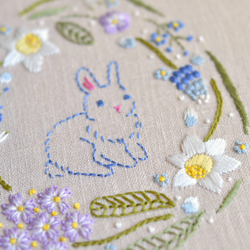 Bunny Easter rabbit spring flowers hand embroidery stitches