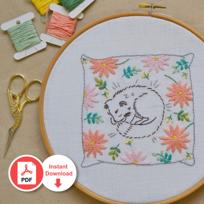 Sleeping cat floral hand embroidery digital pattern