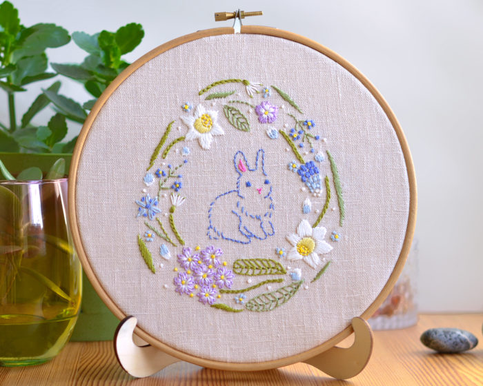 Bunny Easter rabbit spring flowers hand embroidery decor