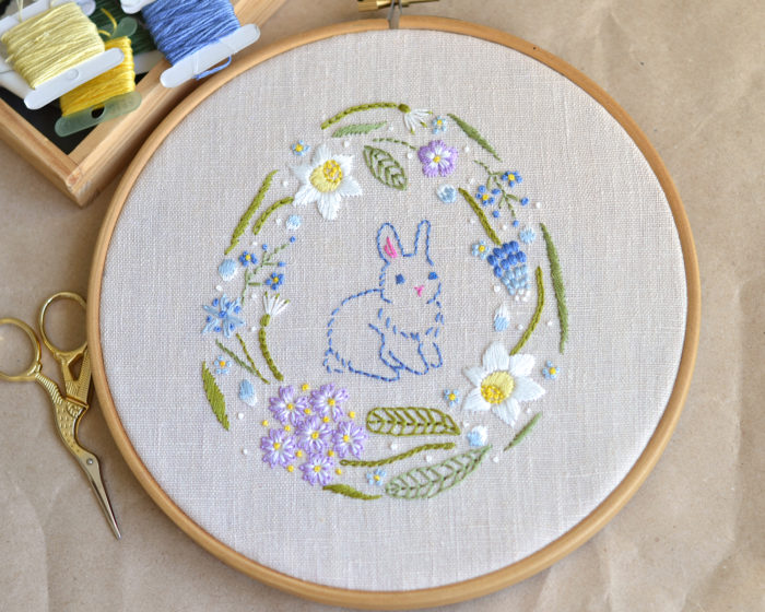 Bunny Easter rabbit spring flowers hand embroidery hoop