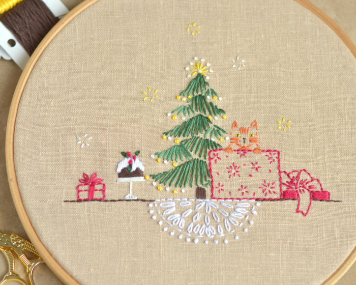 Cat under the Christmas tree hand embroidery hoop