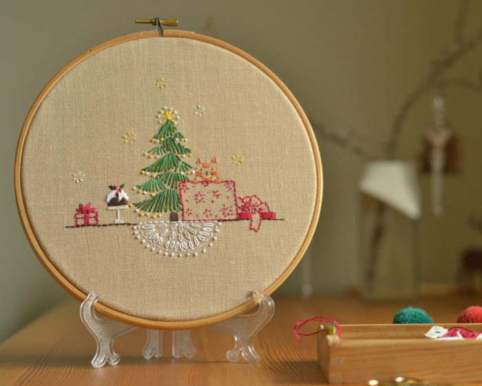 Cat under the Christmas tree hand embroidery